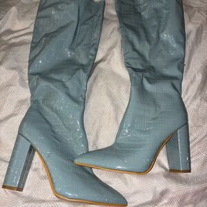 SHEIN Blue Over the Knee Croc-Embossed Boots